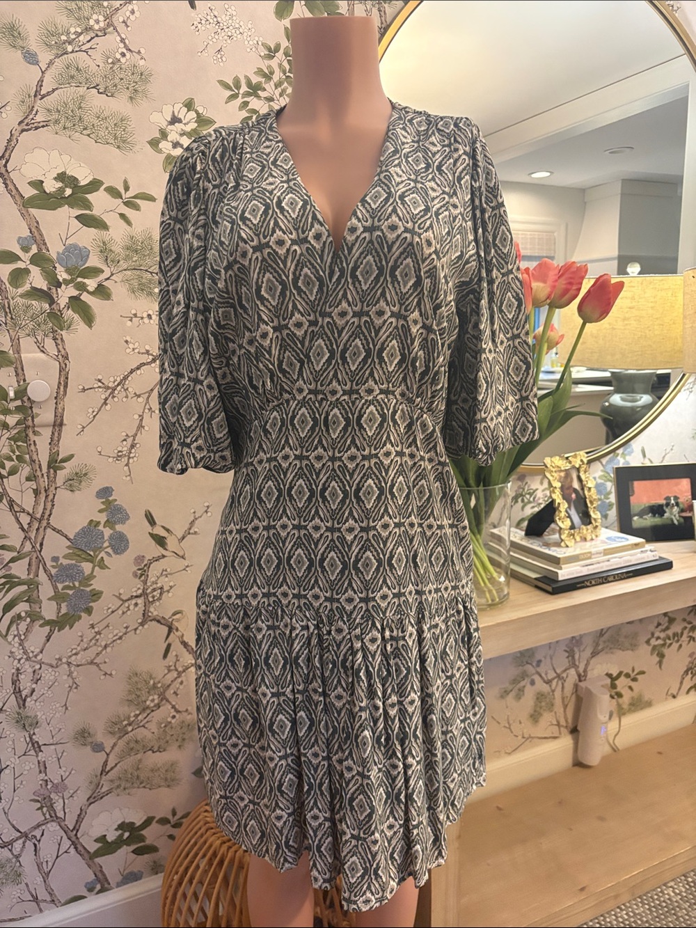 Skemo Black and White Ikat V-Neck Dress